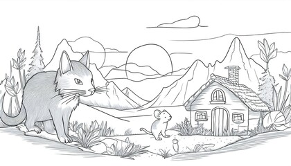 Naklejka premium sketch of land animals, cat, mouse and house in the mountains