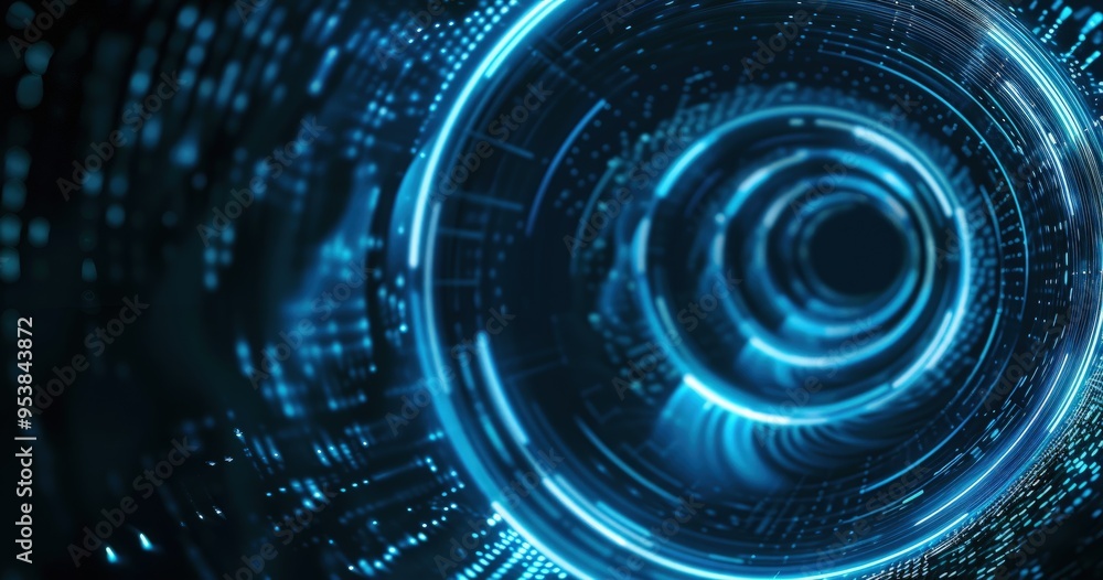 Poster a futuristic digital abstract design featuring glowing circular patterns and data elements, represen
