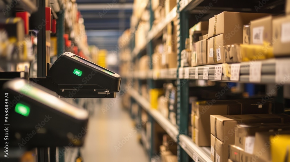 Poster a green light signals a scanning device in a warehouse with cardboard boxes on shelves