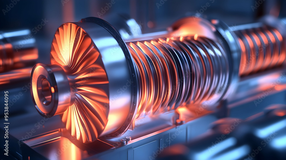 Poster physics illustration of an impulse turbine with a fixed nozzle and rotating turbine blades, depictin