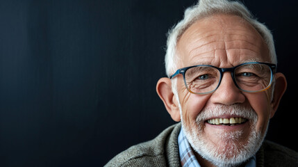 Obraz premium An elderly man with glasses shares a joyful smile in a warm, inviting atmosphere