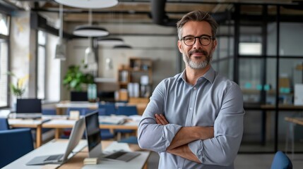 Obraz premium A man stands with arms crossed, exuding confidence in a contemporary office setting