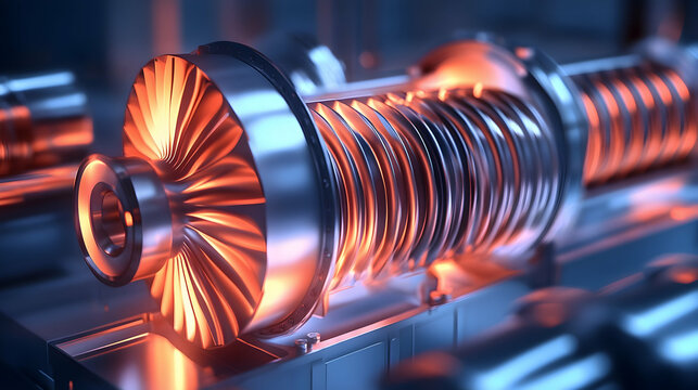 Physics illustration of an impulse turbine with a fixed nozzle and rotating turbine blades, depicting a setup with stationary nozzles followed by moving blades