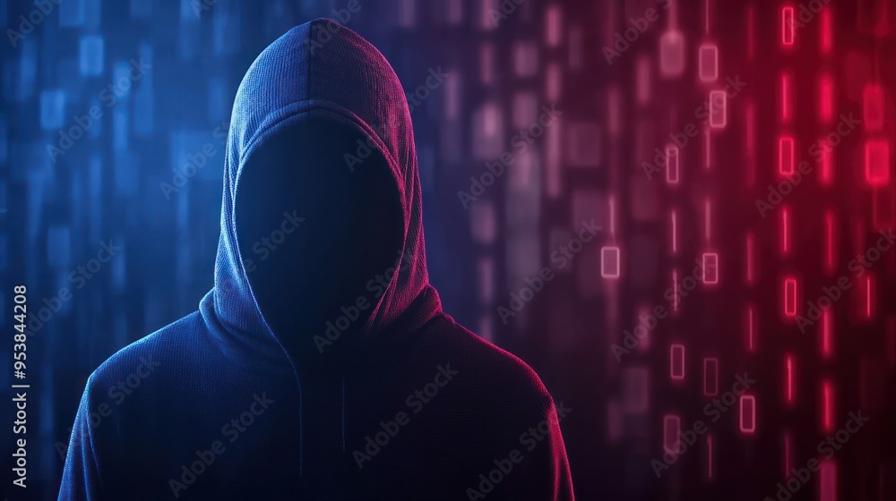 Poster hacker in dark hoodie in front of digital binary background, representing cybersecurity threat, cybe