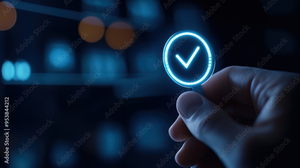 Poster hand holding a glowing checkmark icon symbolizing approval and verification in a futuristic digital 