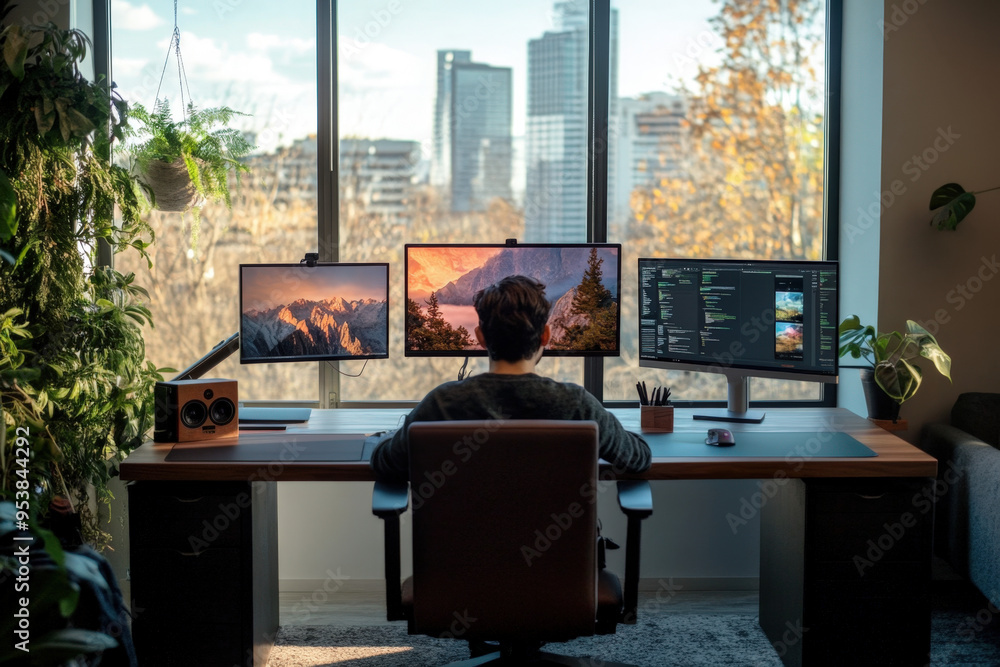 Poster programmer is working on his computer in his modern home office with a beautiful city view