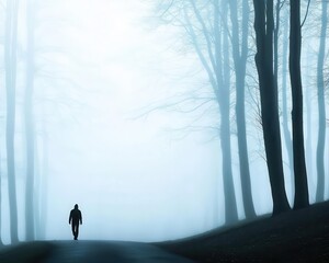 Foggy forest with a lone figure in the distance, symbolizing isolation during illness, illness, solitude and nature