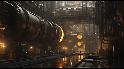 Obraz premium A Grungy Industrial Corridor with Metal Pipes and Glowing Windows