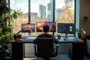 Programmer is working on his computer in his modern home office with a beautiful city view