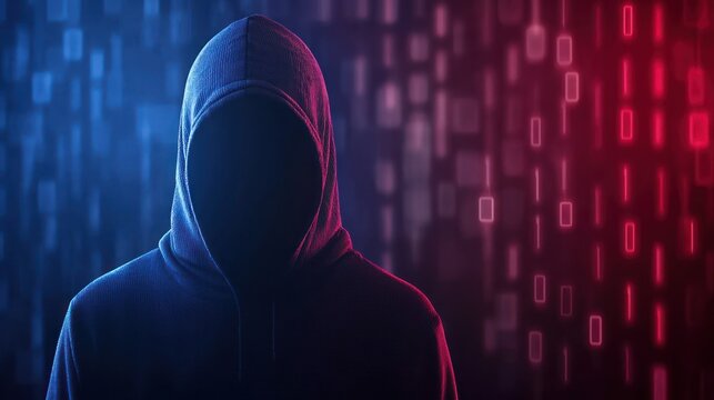 Hacker in dark hoodie in front of digital binary background, representing cybersecurity threat, cybercrime, and online anonymity.