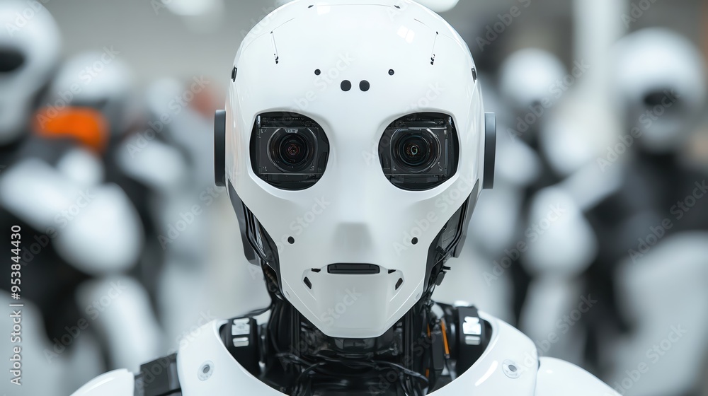Aufkleber close-up of a futuristic robot with a sleek design and expressive eyes, embodying advanced technolog