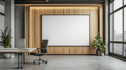A large white wall with a black chair in front of it