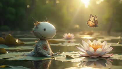 a sleek silver i with a white smile sits on a polished lilies pad, staring intently at a butterfly. The sun shines brightly overhead, casting long shadows behind this ancient beauty ,generative ai (2)