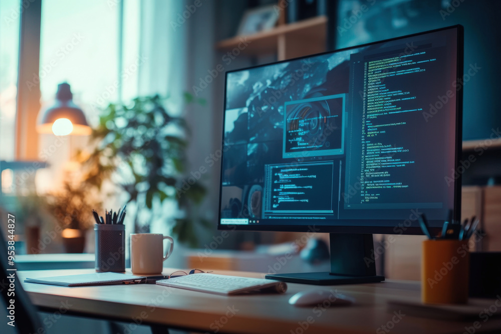 Poster modern home office with a computer displaying code on its screen, illuminated by the warm light of a