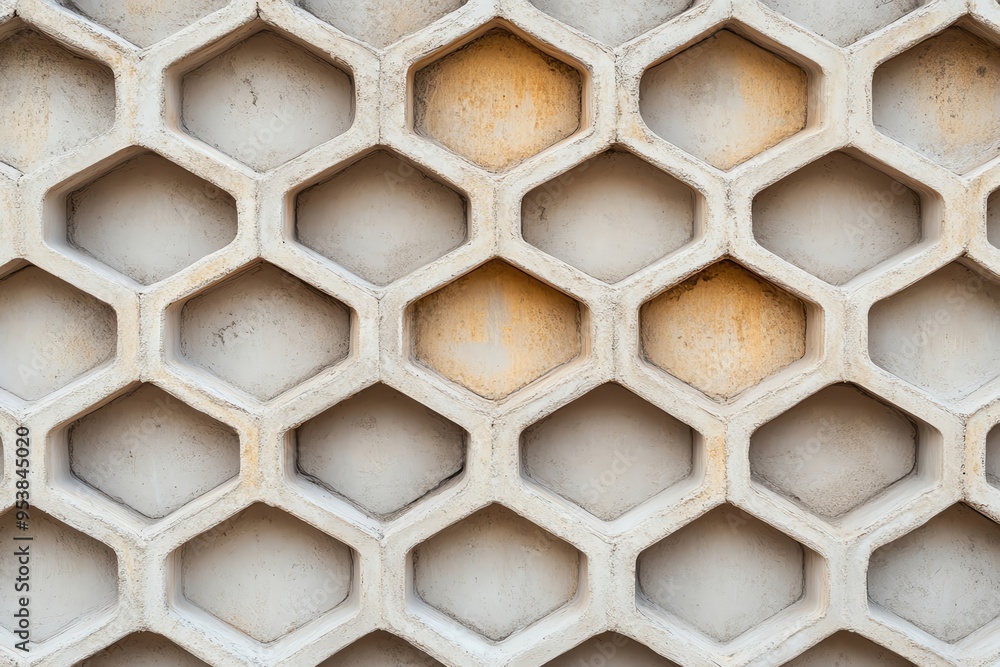 Poster close-up view of a textured concrete wall featuring a honeycomb pattern, showcasing unique geometric