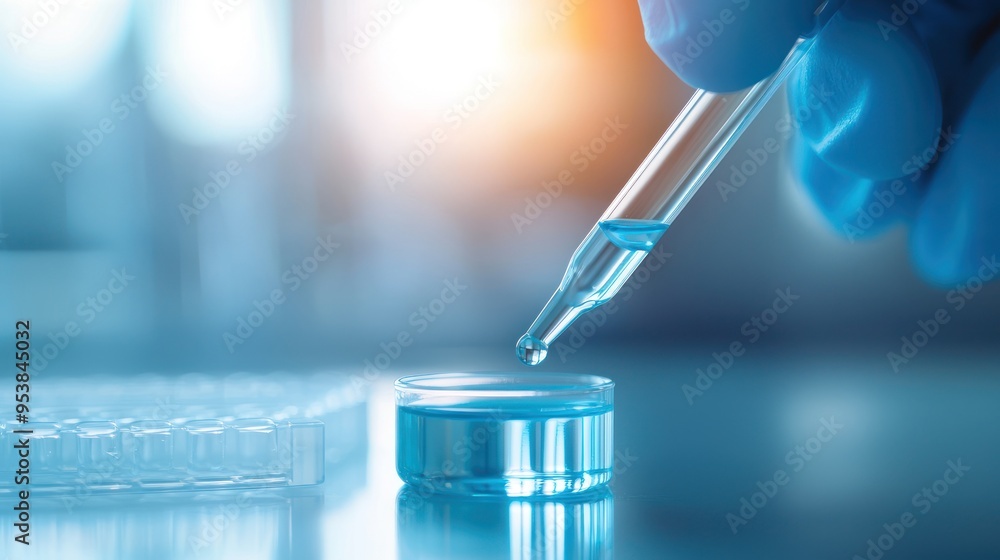 Poster laboratory scientist using a pipette for research in a science lab. close-up of a dropper releasing 