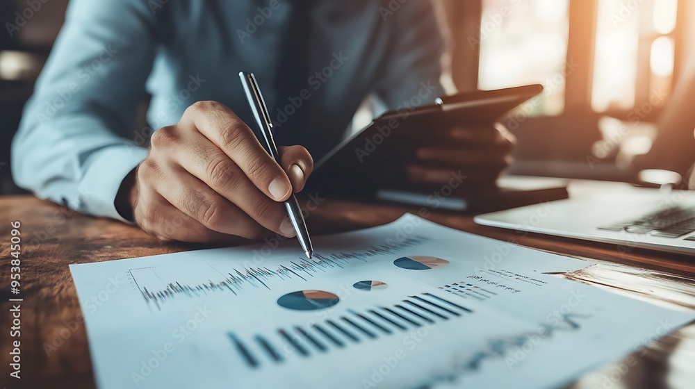 Poster person's hand analyzing data on a graph with a pen