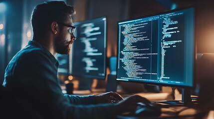 A professional IT specialist engaged in coding and maintaining computer network systems., AI Generated
