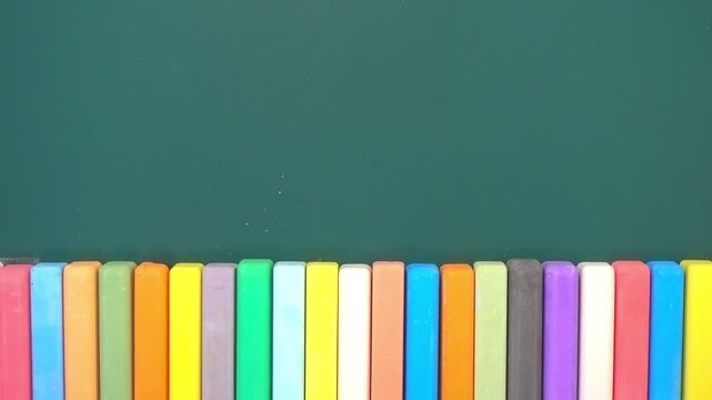 row of colored chalks on green blackboard, concept of advert in education or business, motion