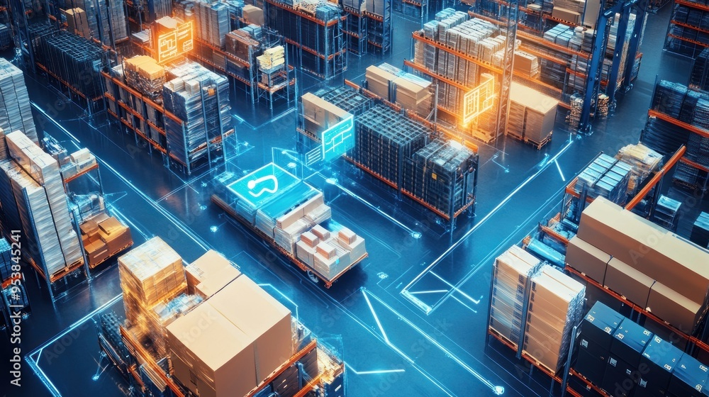 Poster automated forklift moving boxes in a warehouse with digital navigation system