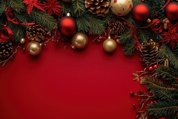 Christmas background with red color and decorative elements, space for text