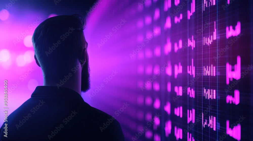 Poster man standing in front of a digital screen with futuristic pink and purple lights, representing techn