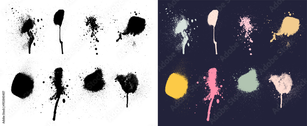 Aufkleber set of realistic high quality spray splashes with small splashes, drips, lines. black graffiti style