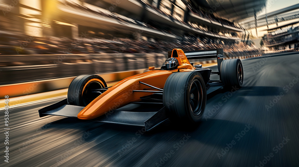 Poster race car racing on a track with speeding motion blur. 3d render