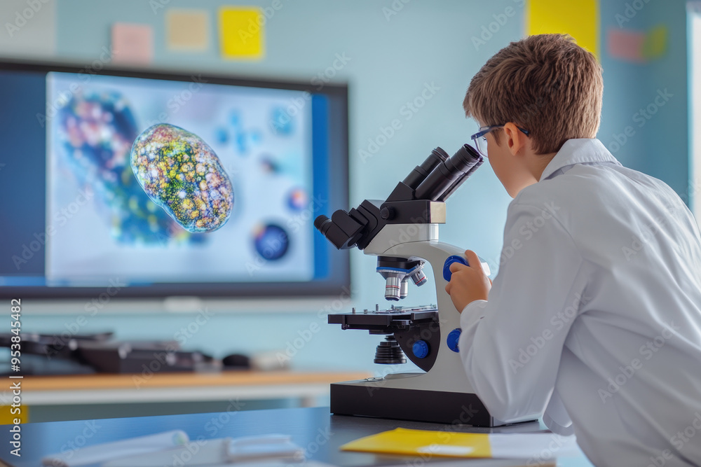 Poster boy wearing lab coat using microscope during science class
