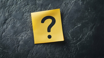 Question Mark Sticker on Yellow Sticky Note - against an isolated dark background with Copy space.