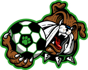 mean bulldog mascot holding soccer ball for school, college or league sports