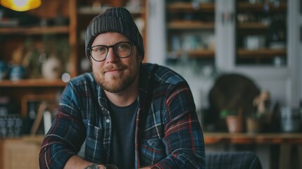 Fototapeta premium A man with glasses and a beanie smiles warmly while sitting in a cozy café