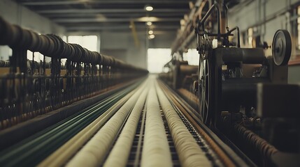 Fototapeta premium Close-up of Industrial Textile Machinery with Spools of Yarn