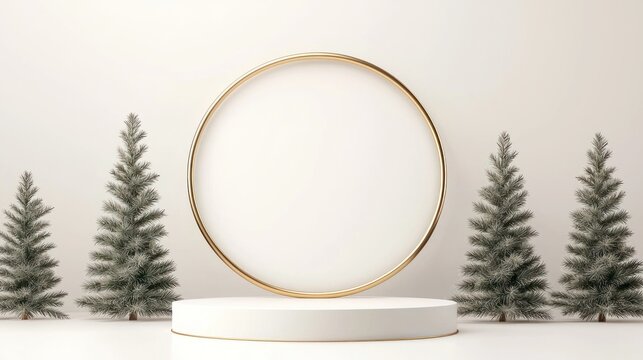 Minimalist holiday display with circle frame and pine trees, perfect for seasonal promotions and festive designs. Clean and elegant aesthetic.