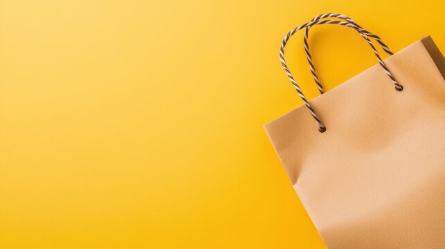 Minimalist image of a brown paper shopping bag with handles on a bright yellow background. Perfect for e-commerce, retail, and shopping themes.