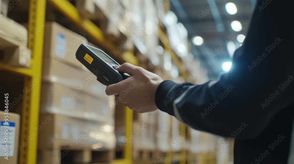 Poster worker scanning packages in a warehouse with a handheld scanner