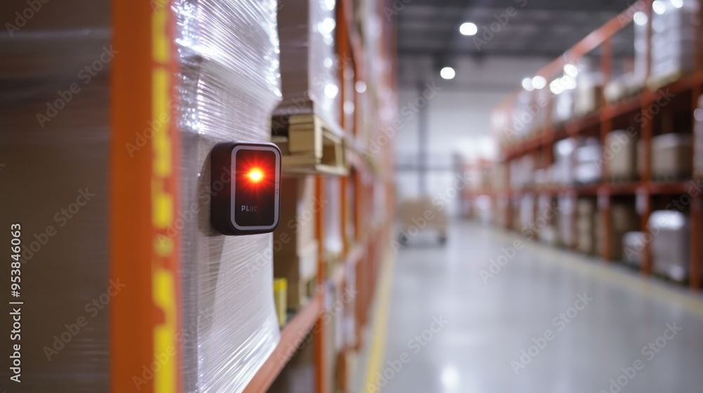 Poster red light sensor on a pallet rack in a warehouse