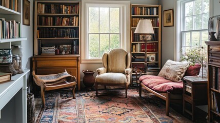 Fototapeta premium A Cozy Reading Nook With Bookshelves, Armchair, and Rug