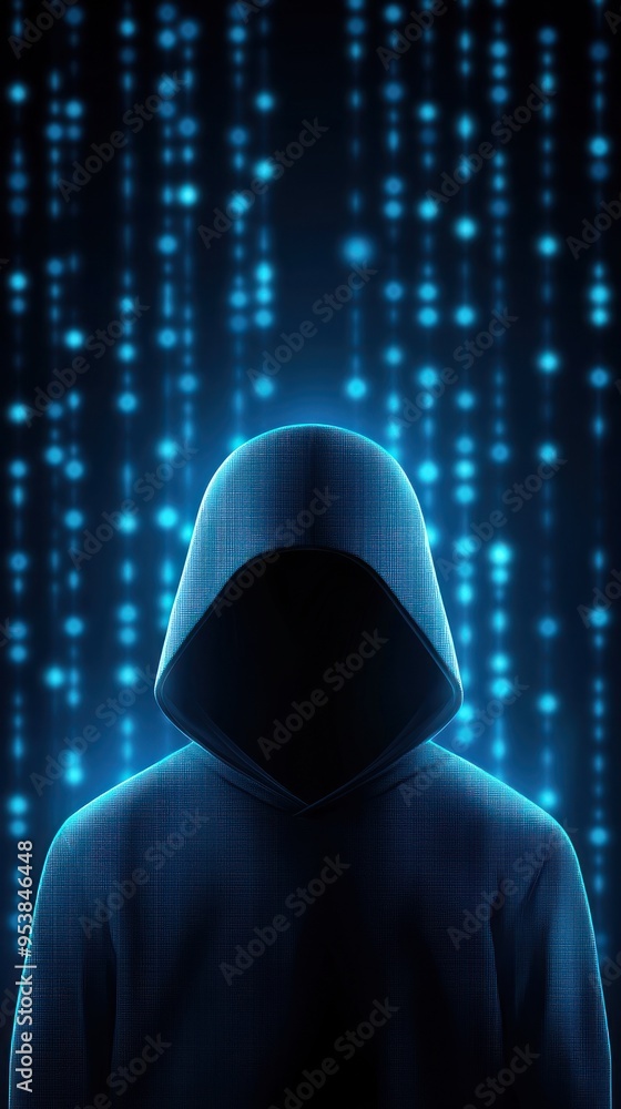 Aufkleber mysterious figure in a hood against a digital code background, symbolizing cyber security, hacking, 