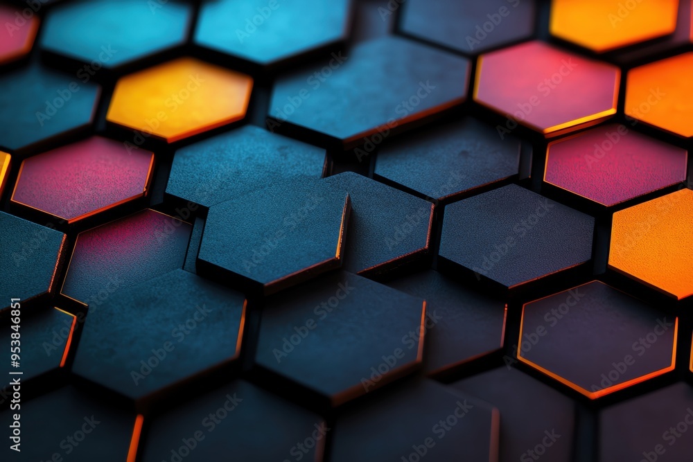 Poster colorful hexagonal patterns with a modern design, showcasing vibrant hues and textures for creative 