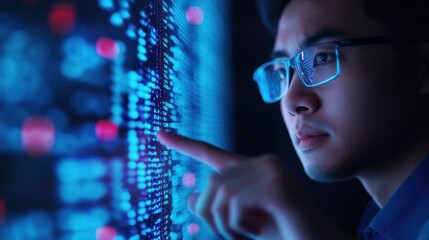 Person analyzing data on a digital screen, focusing intently with glasses. High-tech environment with blue neon lights reflecting data points.