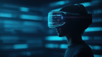 Person wearing VR headset immersed in virtual reality world, futuristic technology concept, blue neon light backdrop.