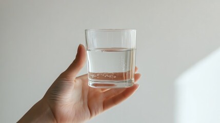 A hand holding a clear glass half-filled with water against a plain, light background, symbolizing simplicity, hydration, or the concept of half full or empty.