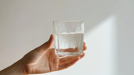 A human hand holding a clear glass half-filled with water against a neutral background illuminated by a streak of sunlight.