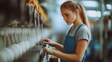 Fototapeta premium Young Woman Operating Textile Machine