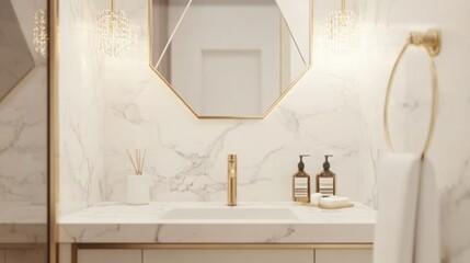 White Marble Bathroom with Gold Accents and a Sleek Sink