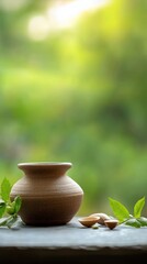 Rustic clay pot on a ledge with fresh green leaves, set against a blurred natural background, perfect for nature and calm-themed projects.