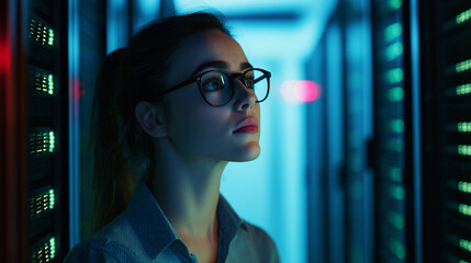 White american female IT specialist analysing privacy data information leaks in server office technology business significantly artificial intelligence cyber security threat concept 