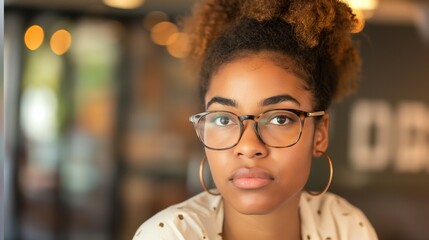 A young Black woman in glasses ponders her future while seated at a cafe table