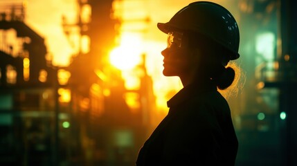 Silhouette of a Woman in a Hard Hat Standing in Front of an Industrial Setting at Sunset